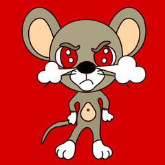 emoticon with a cool angry mouse with red eyes, from which nose comes steam from rage, color vector clip art on isolated background