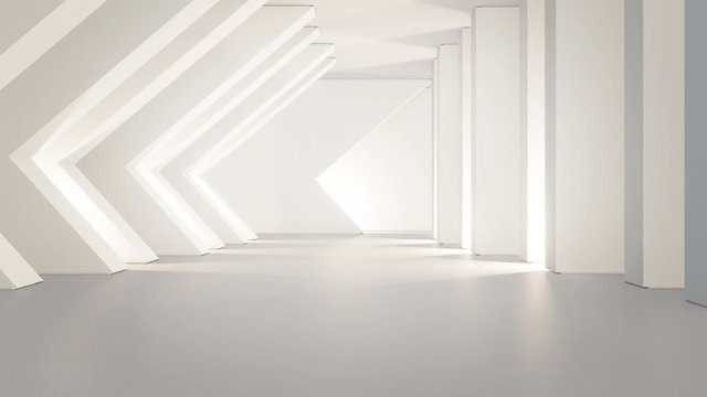 Geometric shapes structure on empty concrete floor with white wall in big hall or modern showroom. Interior 3d illustration of future technology architecture for loop animation abstract background.