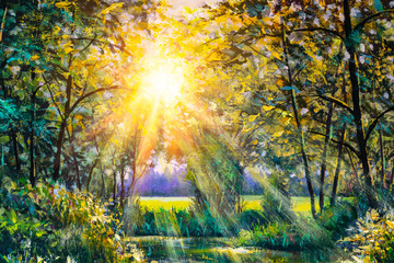 Fototapeta na wymiar Impressionism oil painting Beautiful morning in the forest