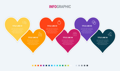 Timeline infographic design vector. 6 options, hearts workflow layout. Vector infographic timeline template. Warm palette.