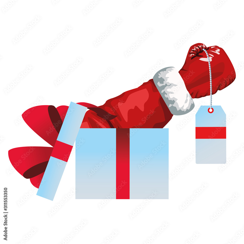 Sticker gift box with santa claus arm holding a price tag, colorful design