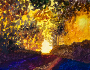 Schöner Ölgemäldewald im Frühlingsherbst mit heller Sonne, die durch die Bäume scheint © weris7554