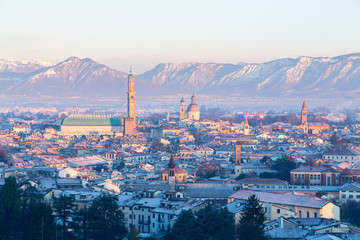 Aerial view of the city of Vicenza in Italy at sunrise in a winter day. The city of Palladio, from...