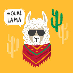 Cute cartoon llama with lettering Hola (Hello in Spanish). Vector illustration for birthday cards, party invitations, posters © Afanasia