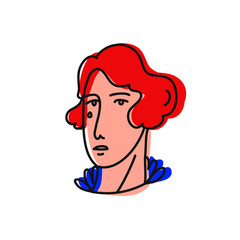 Hand drawn vector illustration with girl's portrait. Young lady with red short hair. Woman with a tear on her face. For stickers, cards