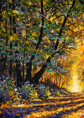 Malerei Forest Road unter Sonnenuntergang Sonnenstrahlen. Lane läuft durch Herbst Laubwald im Morgengrauen oder Sonnenaufgang © weris7554