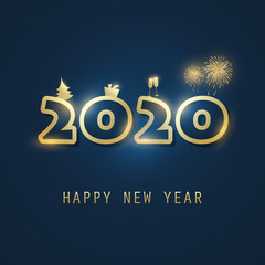 Simple Golden and Dark Blue New Year Card, Cover or Background Design Template With Christmas Tree, Gift Box, Drinking Glasses And Fireworks Icons - 2020