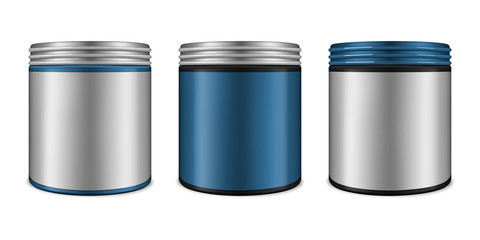Round jar with screw metal cap and blank label. Cosmetic package. Mock-up set. Easy to recolor