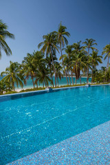 Fototapeta na wymiar An infinity pool among palms on the beach over the Pacific Ocean, Las Perlas archipelago, Panamá, Central America