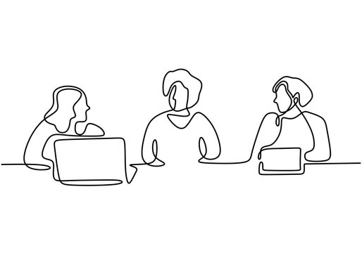 Continuous One Line Drawing Of People Meeting For Business. Client And Marketing Agency Talking Concept. Minimalism Design Vector Illustration.