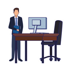 businessman standing next to office chair and desk, colorful design