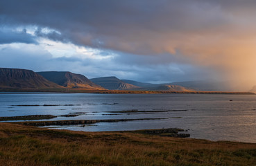 Fototapeta na wymiar Road 60 in the Westfjords of Iceland. Magic sunset in Vestjardavegur, september 2019