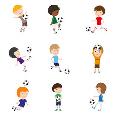 Children are playing football. Different football figures. World Football Day. Vector illustration.