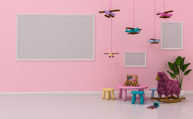 Mock up Kids room interior decorated,  wall in child room with Picture frame, 3d rendering illuatration.