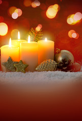 Four yellow burning advent candles. Christmas card.