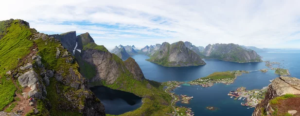 Acrylic kitchen splashbacks Reinefjorden Aerial panoramic view on stunning mountains and village of Reine in Lofoten islands, Norway, from Reinebringen ridge. Scenery view with dramatic mountains and peaks, open sea and sheltered bays.
