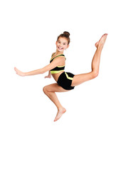 Fototapeta na wymiar Flexible cute little girl child gymnast jumping and having fun isolated on a white background