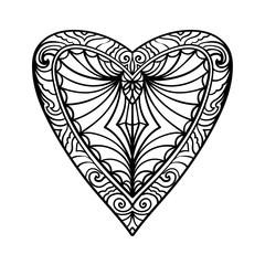 Decorative ornamental heart. Love symbol print design. Coloring book page.