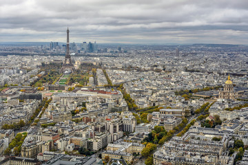 View of Paris from the height of a skyscraper. In the distance, the Eiffel Tower is visible, the house of the disabled is on the right
