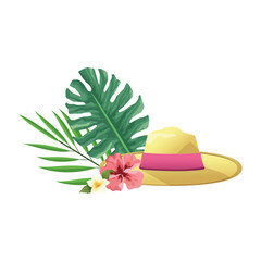 tropical leaves with flowers and beach hat, colorful design