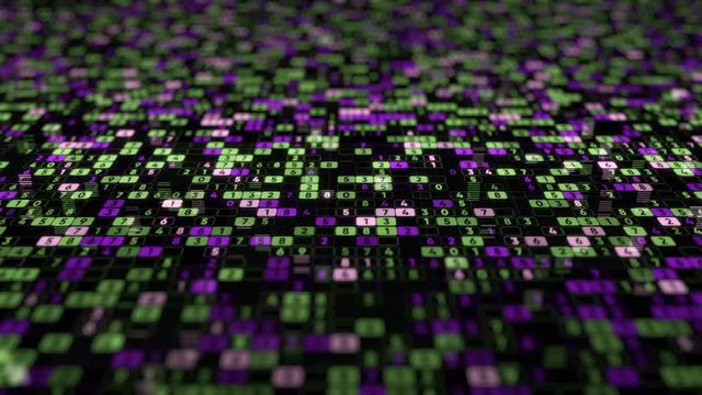 Background from numeric table. Animation. Arbitrarily changing numbers in flashing of colored cells in horizontal position. Numeric background information
