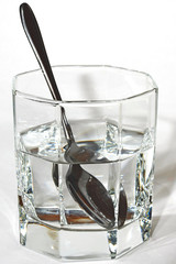 steel spoon in a glass with clear water