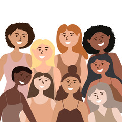 A group of strong and independent girls of different nationalities. Gender equality and women's power. Vector editable illustration