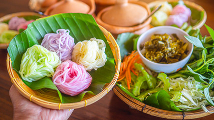 Fresh Rice Noodles many colors With vegetables to eat at the same time and  boiled egg.