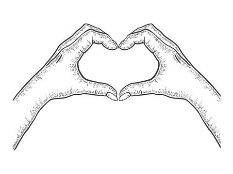 Hands making heart symbol sketch engraving vector illustration. Romantic love lovesickness symbol. T-shirt apparel print design. Scratch board imitation. Black and white hand drawn image.