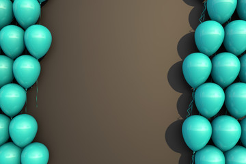 3d rendering of Birthday, holiday or party celebration concept. Turquoise balloons  isolated on a brown background. web banner with copy space.
