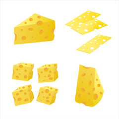 Cheese set in various slicing options. Vector illustration made in a realistic manner. Elements for your design.