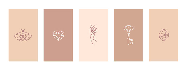 Set pink and nude stories highlights covers outline a butterfly, diamond, hand and key. Abstract Mobile Backgrounds in minimal trendy style templates for social media stories. Vector