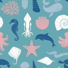 Seamless background on the theme of the sea and marine life
