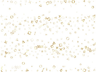 Memphis style geometric confetti vector background of triangle circle square shapes, chevron wavy lines.