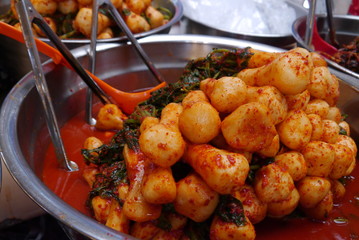 fresh made kimchi sold at a marketplace, korean speciality