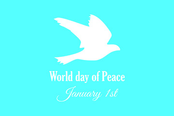 Vector illustration with white dove over blue background on the theme of World day of Peace on January 1st.
