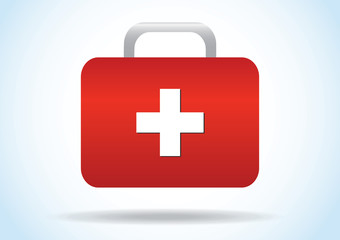 Red medical box icon vector illustration. First aid or medical kit icon. First aid kit on blue background. Isometric vector illustration