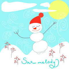 Snowman listens and dances to the blizzard music. Winter card in a children's style and hand drawing lettering.