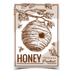 Beehive House Of Wild Bee On Branch Poster Vector. Organic Nature Wax Bee Home With Circular Entrance For Flying Insect Colony On Leaves Tree. Template Hand Drawn Monochrome Illustration