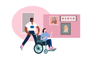 Cute pink vector illustration of two girl friends on tourist trip to accessible art gallery. Black skin girl assistant and disabled young woman. Lgbt queer has inclusive female couple on trip