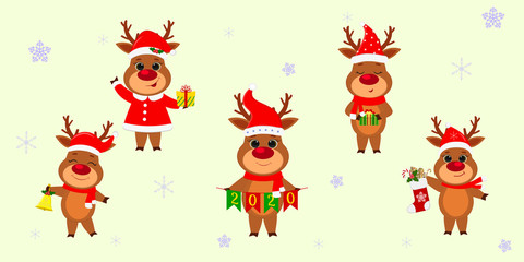 Christmas and New Year 2020. A set of five cute reindeers in different costumes with holiday accessories on a background of snowflakes. Cartoon, flat style, Vector