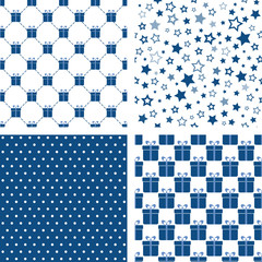 Set of blue seamless patterns. Vector backgrounds with gift boxes, stars, polka dot. For wallpaper, fabric print