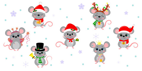 Christmas and New Year 2020. Set of seven cute mouse rats in different costumes with holiday accessories on a background of snowflakes. Cartoon, flat style, vector