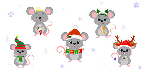 Christmas and New Year 2020. A set of five cute mouse rats in different costumes with holiday accessories on a background of snowflakes. Cartoon, flat style, Vector