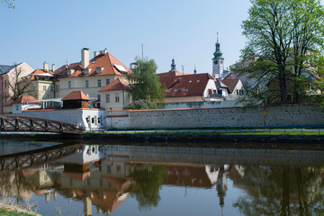 Fototapeta na wymiar Old Town riverfront in Ceske Budejovic, Czech Republic