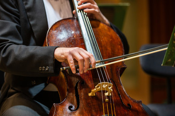 Symphonic orchestra performing on stage and playing a classical music concert, cellist in the foreground, hands close up (shallow DOF)