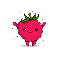 Kawaii raspberry cartoon vector illustration, cute summer berry smiling for logo, poster, banner, logo, icon, textile print, kids t-shirt, invitation, organic food materials, healthy fruit nutrition