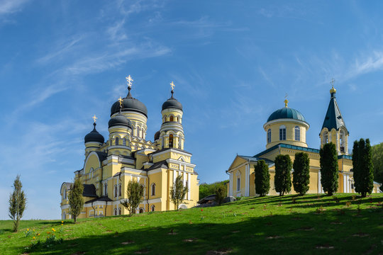 Beautiful panoramic view of two stone orthodox churches in Hincu Monastery, Moldova