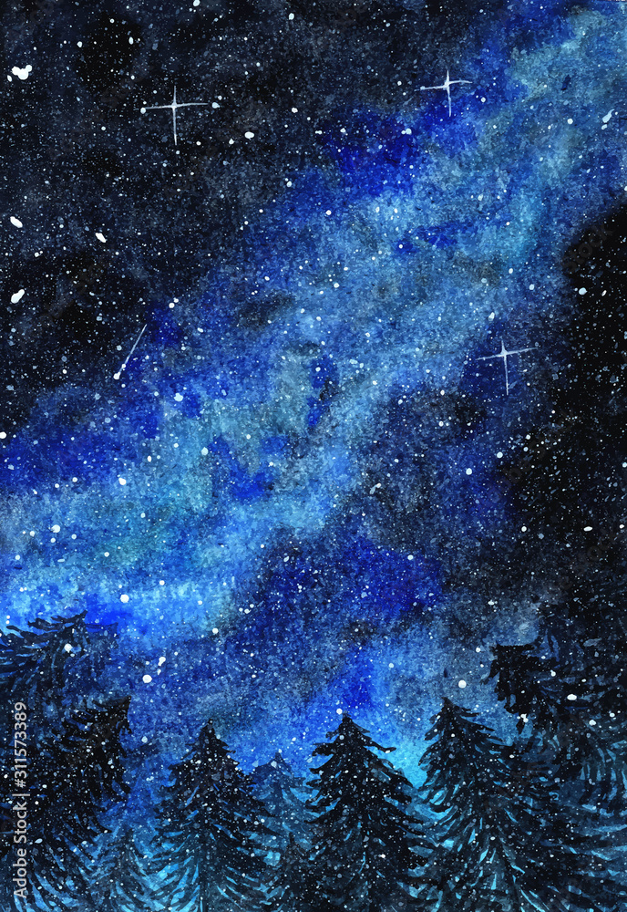 Wall mural abstract winter night sky with beautiful blue galaxy