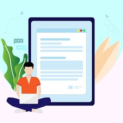 Online application concept, a young man is searching in the internet by using laptop to find a course to apply in the university and or job application after graduation in the modern background.